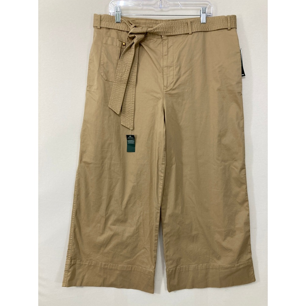 New Lauren Ralph Lauren Wide Leg Cropped Pants size 18‎ Tan Belted High Rise